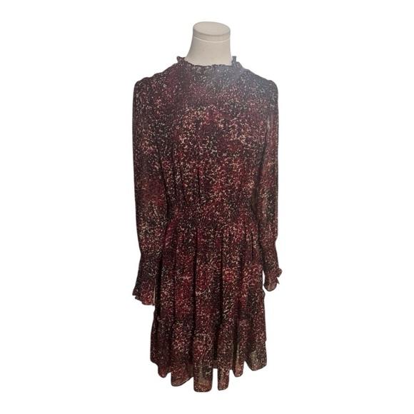 TAYLOR Black Maroon Print Long Sleeve Chiffon Smocked Waist Mini Dress Size 8 - Picture 5 of 10